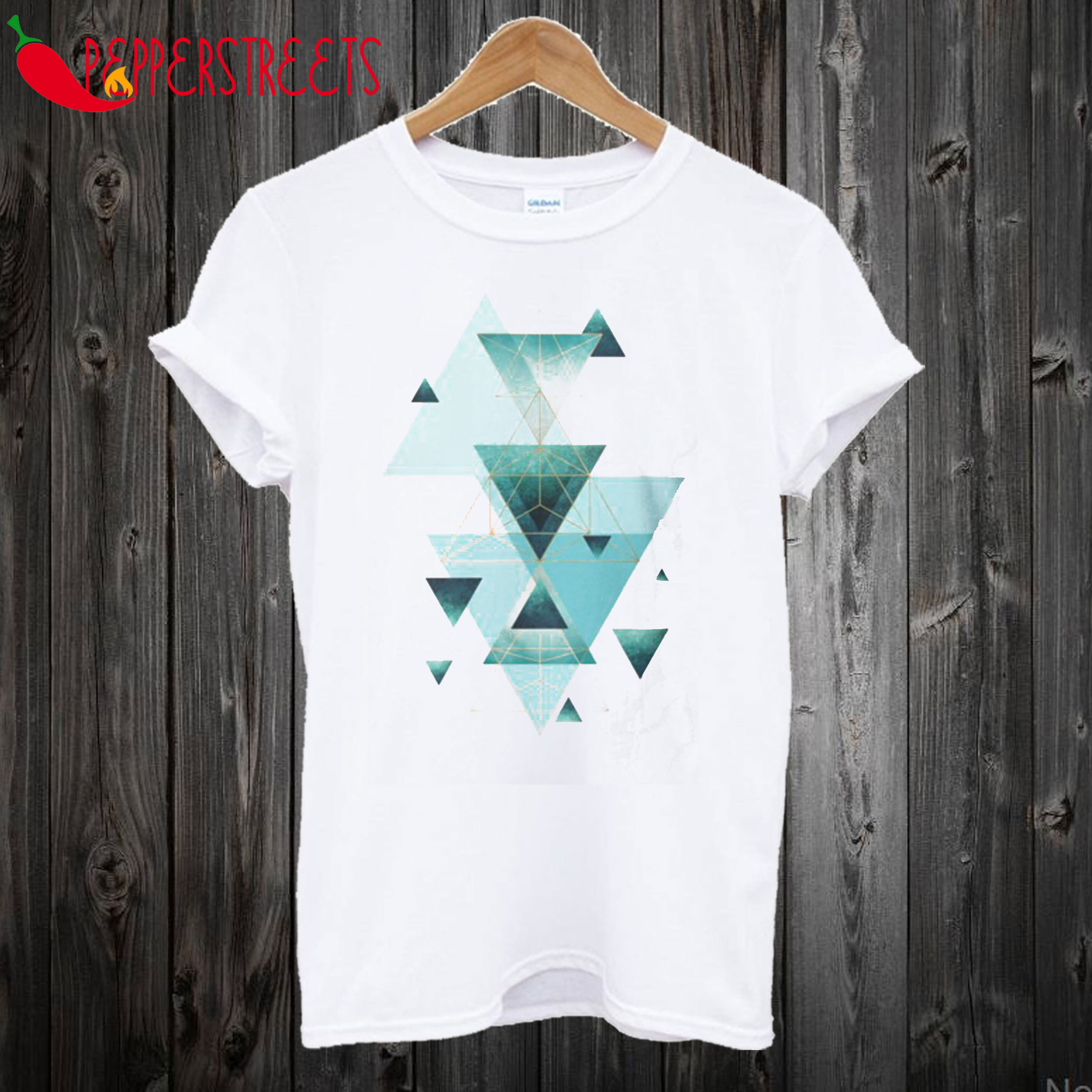 Geometric Triangle Compilation In Teal T-Shirt