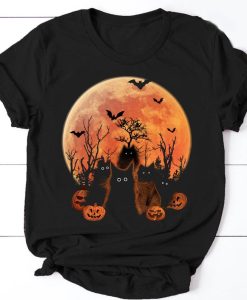 Black Cat Fluffy Cat Blood Moon Halloween T-shirt NF