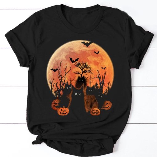 Black Cat Fluffy Cat Blood Moon Halloween T-shirt NF