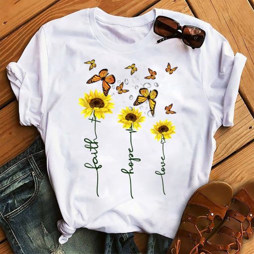 Funny Faith Hope Love Butterfly Sunflower Lover Graphic Unisex T Shirt
