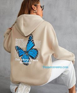 Slogan & Butterfly Print Drawstring Hoodie