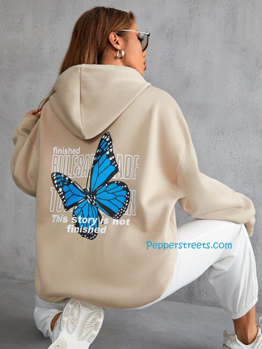 Slogan & Butterfly Print Drawstring Hoodie