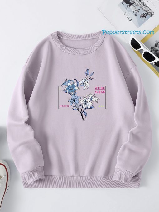 Slogan & Floral Print Thermal Lined Sweatshirt